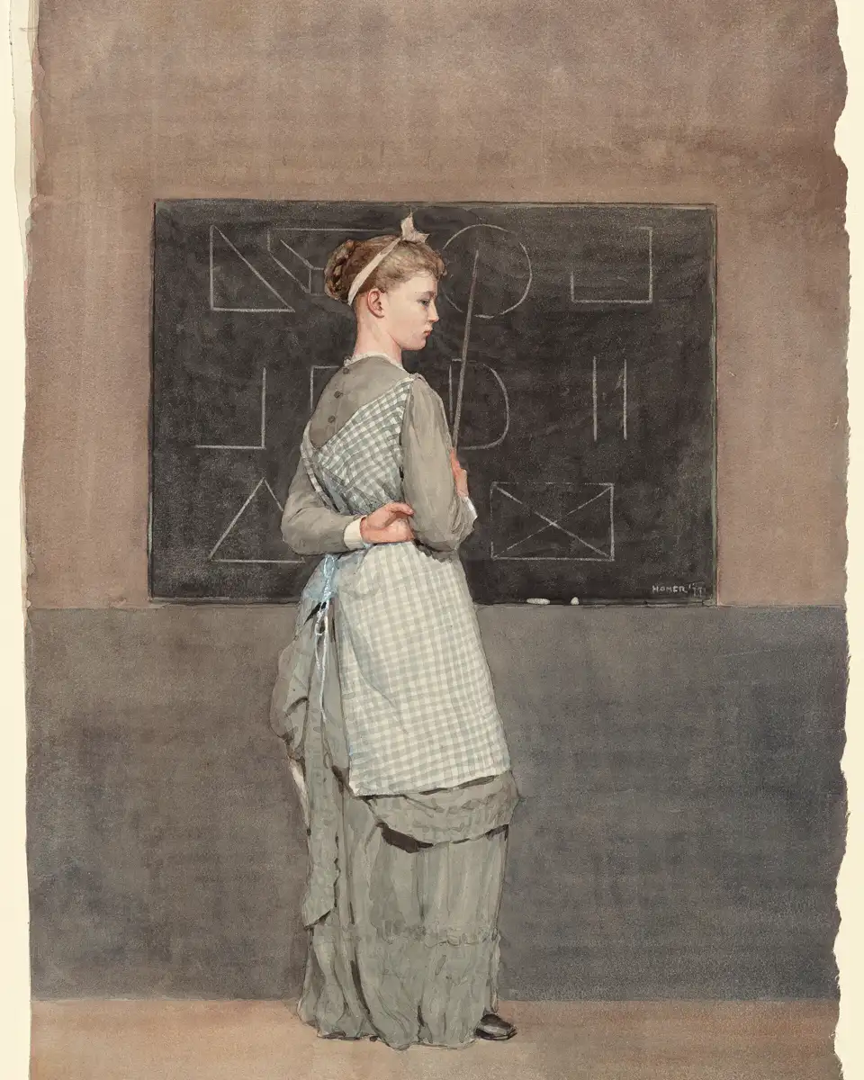 A watercolour of a teacher in a long dress standing at a blackboard drawn with simple geometric shapes.